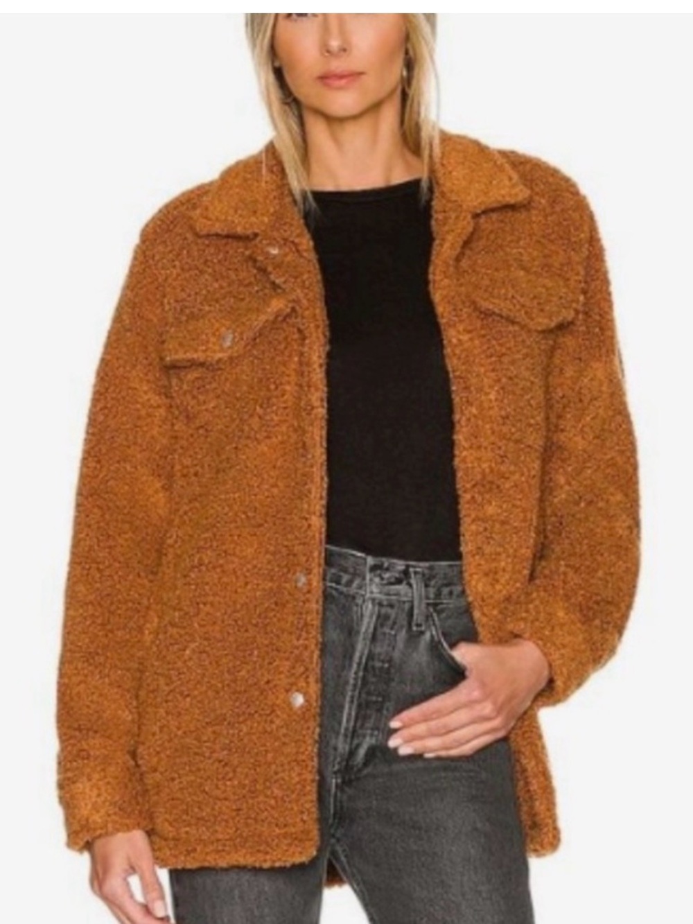 BlankNYC Cozy Teddy Shacket in Caramel Brown